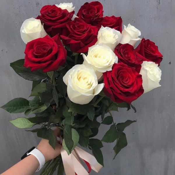 Букет из 15 красных и белых роз Resim 2